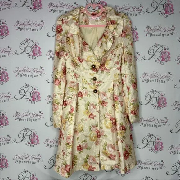 Floral coat pea coat long flowers peach orange pink light cream shiny shimmer - Picture 2 of 7